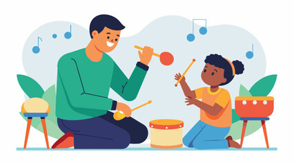 A music the leads a oneonone session with a young autistic child using a variety of percussion instruments to help them communicate and express. Vector illustration
