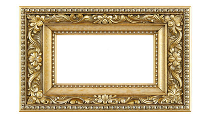 Empty antique wooden picture frame with decorative border isolated on white background