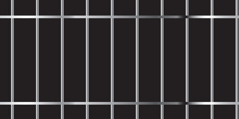 Black realistic metal prison bars isolated on black background. Detailed jail cage, prison iron fence. Criminal background mockup. Creative vector illustration