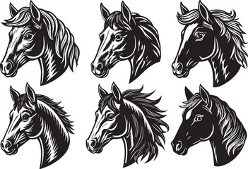 Set Off Horse heads. Set of black and white illustrations - obrazy, fototapety, plakaty