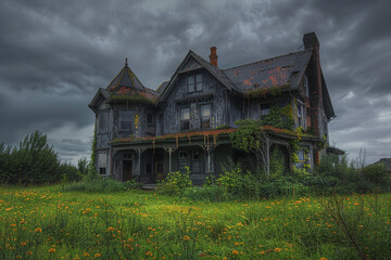 cursed house, horror, dark and overcast weather, photography