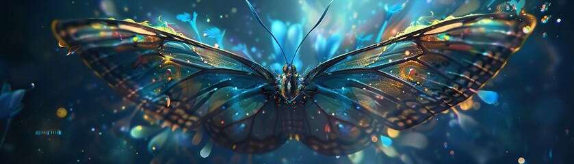 Bring the concept of a rear view butterfly to life through a mesmerizing digital illustration, infusing it with hyper-realistic textures and surreal lighting effects Engage the audience by creating a
