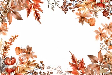 watercolor autumn floral frame set, white background, clipart