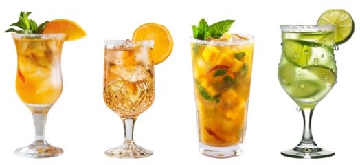 Set of refreshing tropical cocktails  garnished and served in different glasses on transparent background, perfect for summer parties