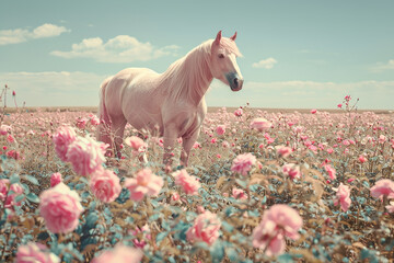 pink pony in a rose field, blue sky, minimalistic bright and airy photography