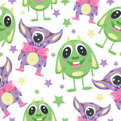 seamless pattern with fictional, colorful monsters, namely a green monster with long ears and a purple one with glasses and a pink bow, for banners, posters or children's textiles