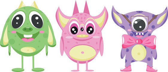 set of different, colorful, fictional characters with different numbers of eyes and different elements, for posters, banners or children's textiles