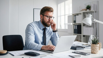 Obraz premium Tired businessman using laptop in office. Headache, problems, fatigue, burnout at work.