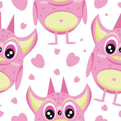 seamless pattern with a fictional pink monster with three eyes, pink horns with a yellow belly and pink hearts, for banners, posters or children's textiles