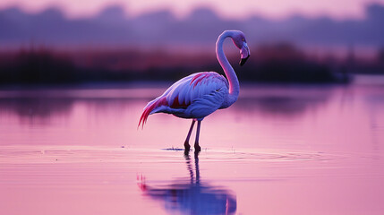 Obraz premium tranquil lagoon at dusk, a solitary flamingo stands tall, its pink plumage glowing in the fading light