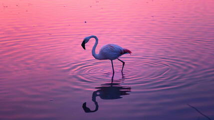 Fototapeta premium tranquil lagoon at dusk, a solitary flamingo stands tall, its pink plumage glowing in the fading light