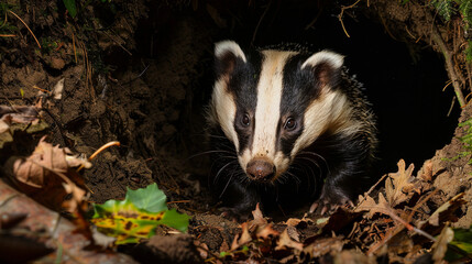 Fototapeta premium A badger emerging from its burrow