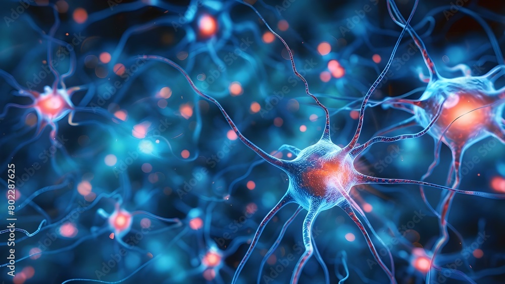 Poster nerve cells send electrical signals in the brain for neural research. concept brain signals, neural 