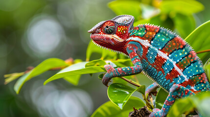 A chameleon clinging to a branch, its vibrant colors blending seamlessly with the foliage around it - Powered by Adobe