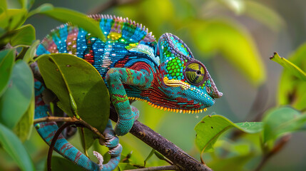  A chameleon clinging to a branch, its vibrant colors blending seamlessly with the foliage around it