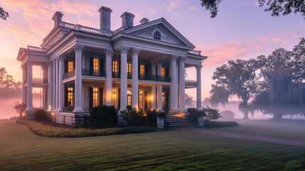 Majestic Southern Mansion in Misty Sunrise Glow