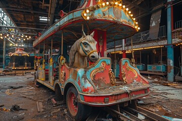 Fototapeta premium An eerie carousel horse stands alone amidst ruins, with decaying amusement park and faded paint