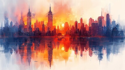 Obraz premium A painting of the city skyline at sunset, with buildings reflecting in water and warm hues of orange and red. Generative AI