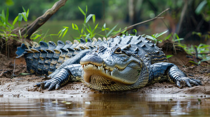 Fototapeta premium A crocodile basking on the banks of a murky river