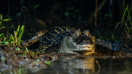 A crocodile basking on the banks of a murky river