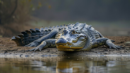 Obraz premium A crocodile basking on the banks of a murky river
