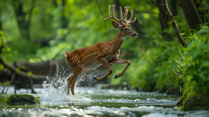 A deer gracefully leaping over a babbling brook, its powerful form and elegant antlers framed by the lush greenery of the forest