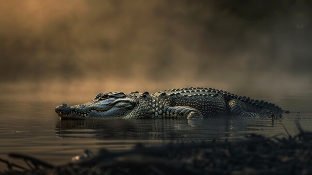  A crocodile basking on the banks of a murky rive