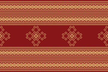Traditional ethnic motifs ikat geometric fabric pattern cross stitch.Ikat embroidery Ethnic oriental Pixel red background. Abstract,vector,illustration. Texture,christmas,decoration,wallpaper.
