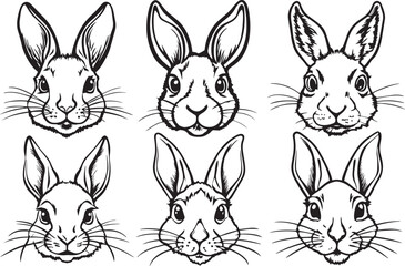 Rabbits set. Vector illustration in black and white colors.