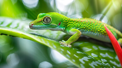 Fototapeta premium A green gecko perched on a vibrant tropical leaf