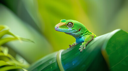 Fototapeta premium A green gecko perched on a vibrant tropical leaf