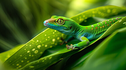 Fototapeta premium A green gecko perched on a vibrant tropical leaf
