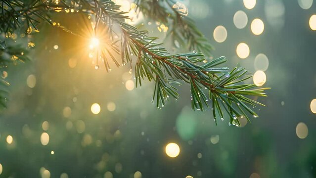 A pine tree branch with a lot of raindrops on it. The raindrops are scattered all over the branch, creating a blurry effect. Scene is calm and peaceful, as the raindrops fall gently on the tree