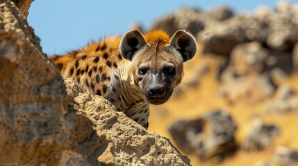  A hyena surveying the African savannah from a rocky outcrop - obrazy, fototapety, plakaty