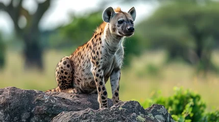   A hyena surveying the African savannah from a rocky outcrop © Cadengo