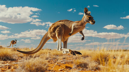 A kangaroo bounding effortlessly across the vast Australian Outback - Powered by Adobe