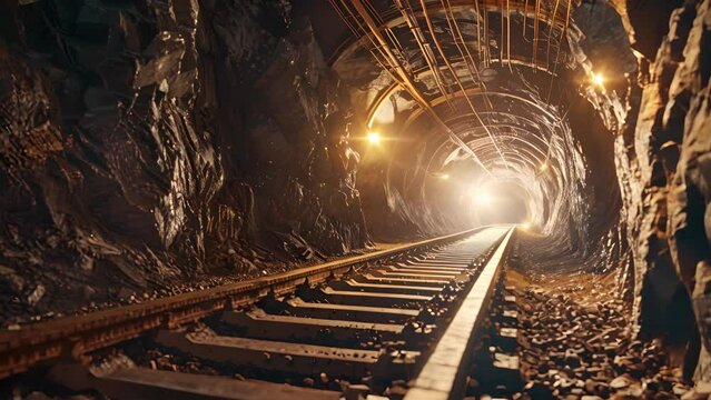 A dark and atmospheric view down a historic mining tunnel illuminated by dim lights, highlighting the significance and legacy of mining industries.