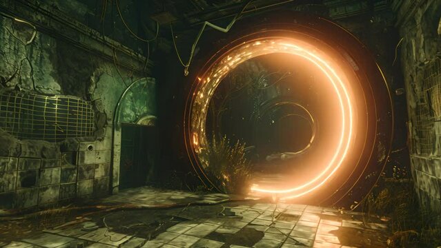 Swirling portal in an abandoned lab, where otherworldly creatures slip through, with flickering equipment hinting at a dimensional rift