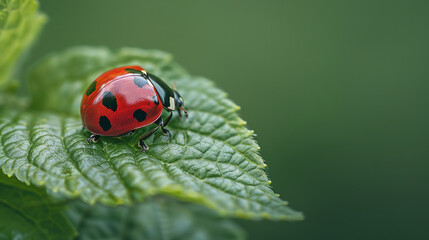 Fototapeta premium A ladybug delicately balanced on the edge of a lush green leaf