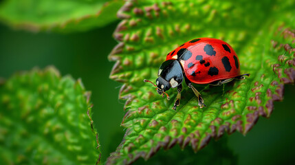 A ladybug delicately balanced on the edge of a lush green leaf