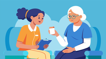 A nurse takes the time to sit with an elderly patient carefully noting her memories and experiences while administering medication providing a sense.
