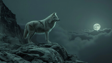 A lone wolf standing proudly on a rocky outcrop, its silvery fur blending seamlessly with the moonlit landscape
