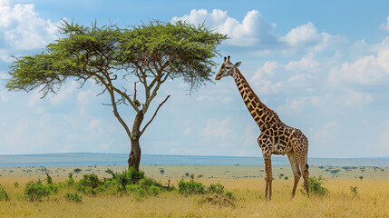 Fototapeta premium A majestic giraffe gracefully stretching its neck to reach the tender leaves of an acacia tree