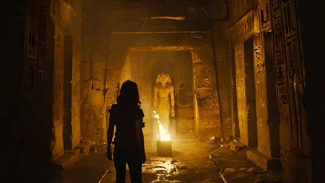 In a torchlit Egyptian tomb, an archaeologist stands before a spectral pharaoh statue, unraveling an ancient curse depicted through hieroglyphs