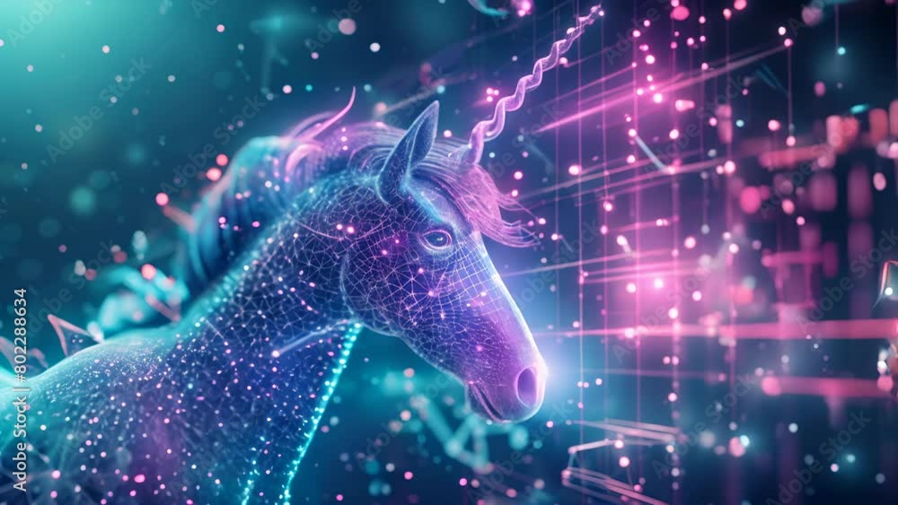 Poster an ethereal unicorn interacts with a holographic display of quantum physics equations, set against a
