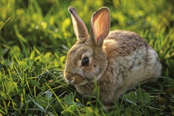 Fototapeta premium Capture a high-angle view of a fluffy, curious rabbit on a lush green meadow, under warm sunlight, showcasing its soft fur and twitching nose Utilize watercolor technique to bring out its gentle and a