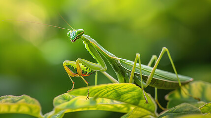A mantis, perfectly camouflaged among verdant foliage, poised with razor-sharp precision