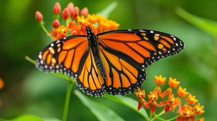 A monarch butterfly gracefully alighting on a cluster of milkweed blossoms