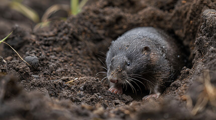 A mole burrowing through rich, dark soil, its velvety fur glistening with earth
