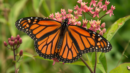 Naklejka premium A monarch butterfly gracefully alighting on a cluster of milkweed blossoms